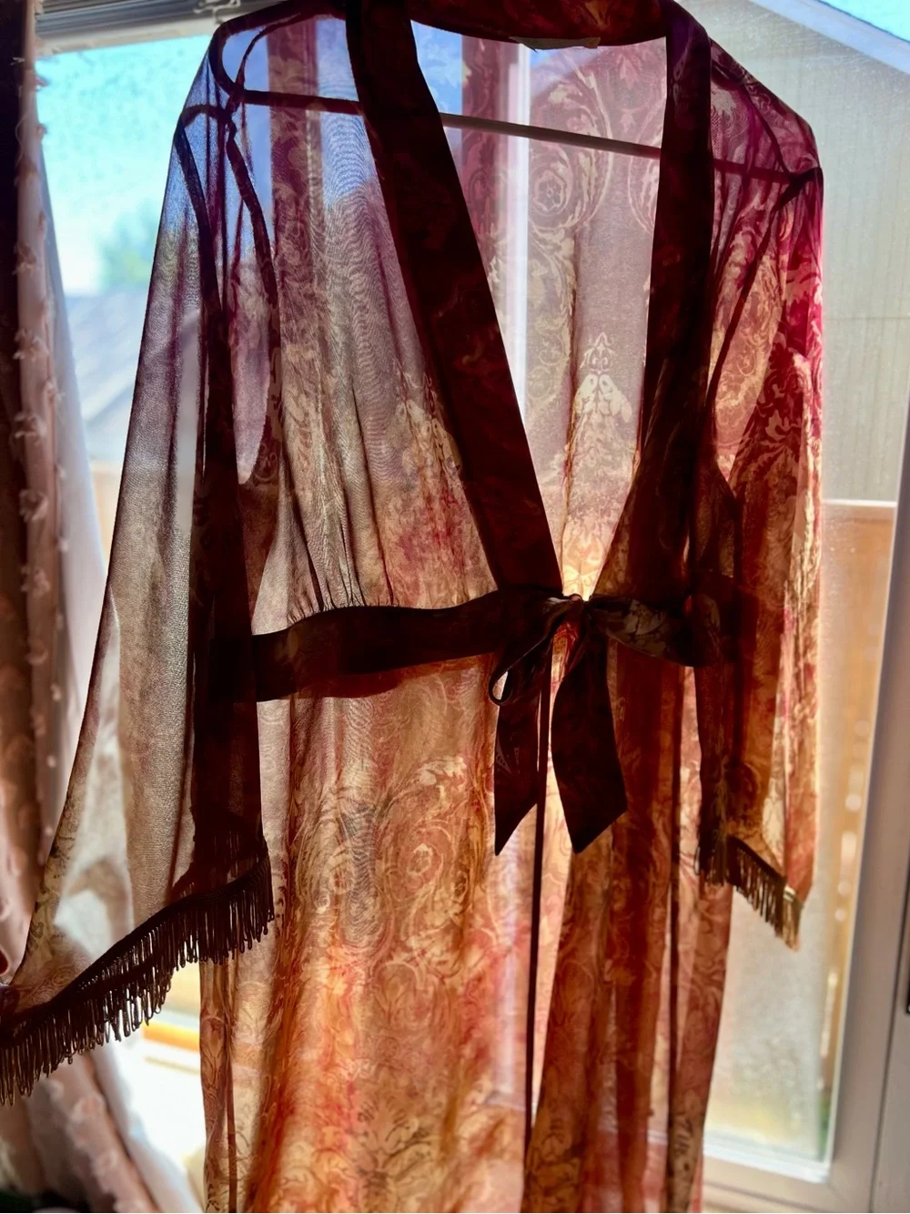 Vintage 1990s Burgundy Floral Lingerie Set -Front Tie Robe with Matching Slip